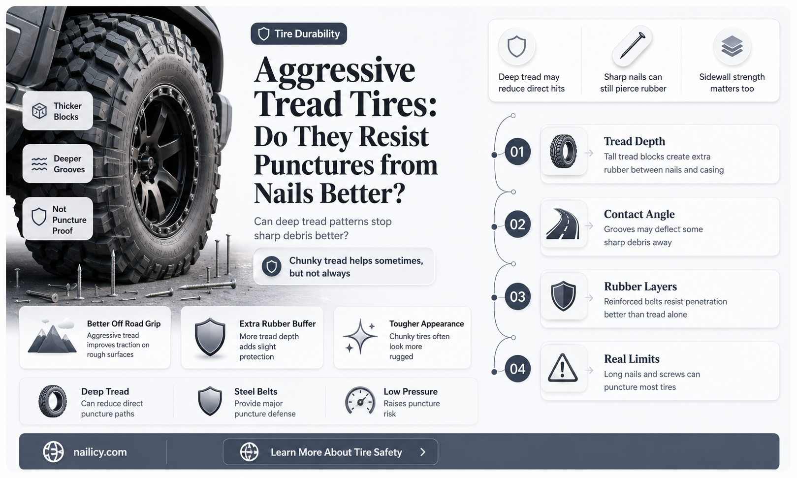 are more aggressive treaded tires less prone nails