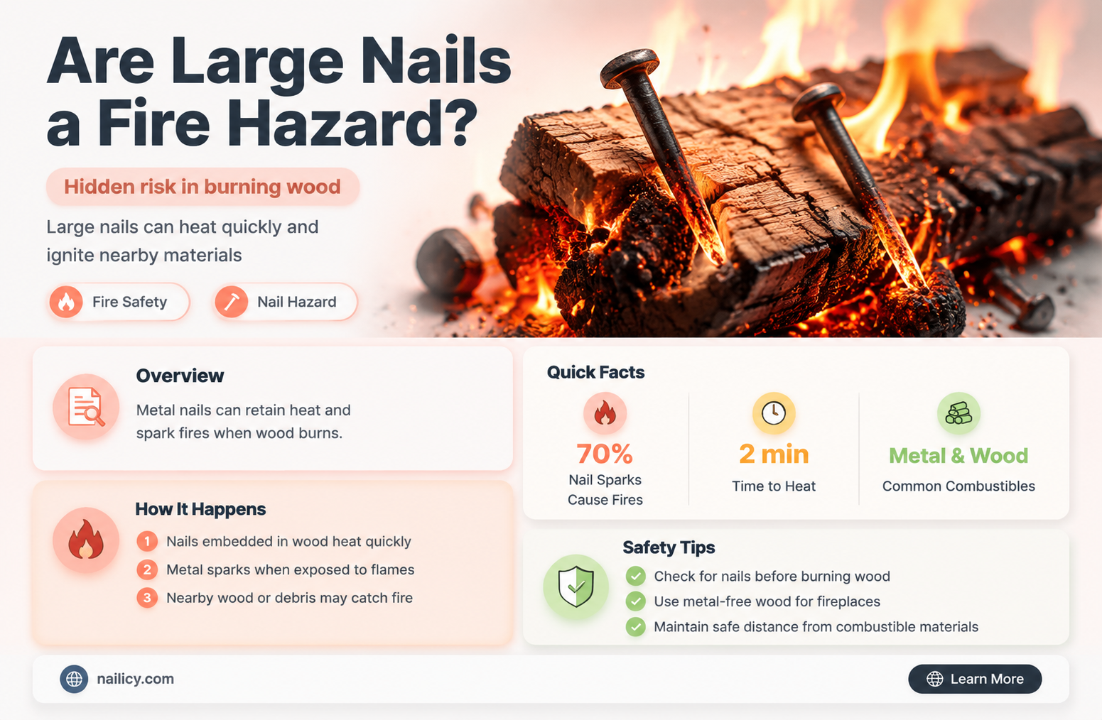 are large nails in burning wood dangerous