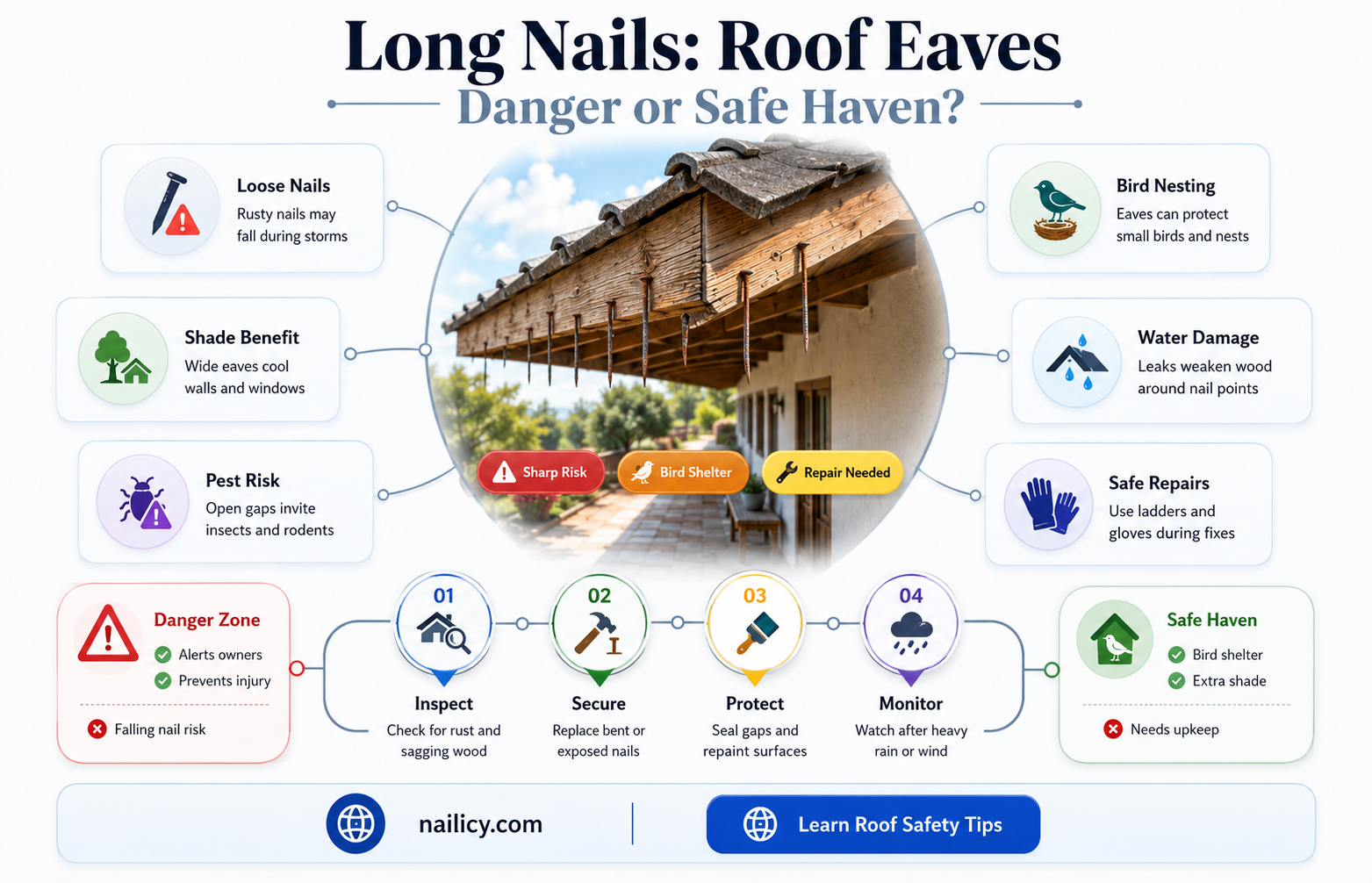are long nails suppose to go through eave of roof